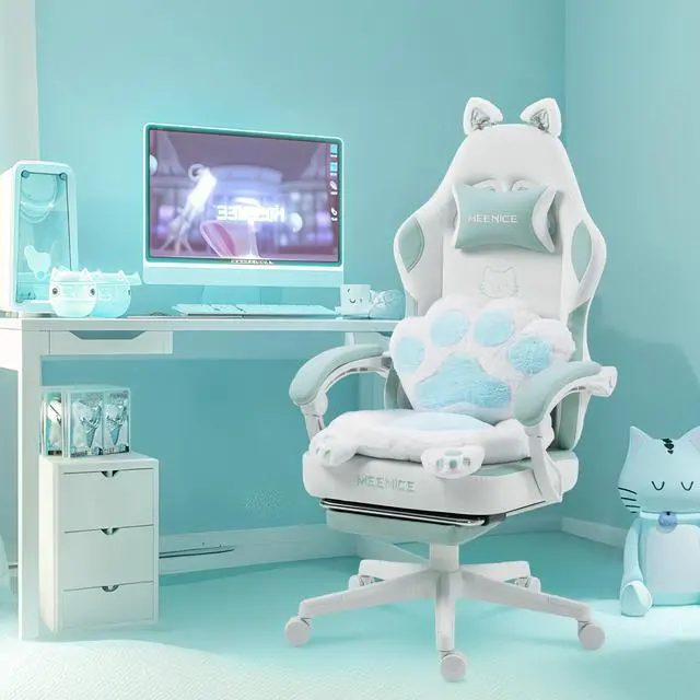 Main image of Gaming Chair Cute with Cat Ears and Paw Lumbar Seat Cushion, Ergonomic Computer Chair with Footrest, Reclining PC Game Chair for Girls, Computer Chair 300lbs for Adult, White&Blue