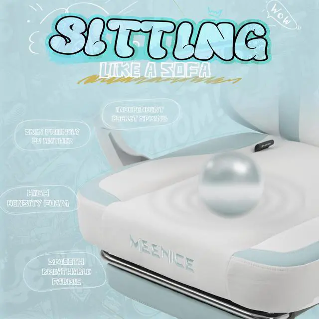 Alt view image 3 of 7 - Gaming Chair Cute with Cat Ears and Paw Lumbar Seat Cushion, Ergonomic Computer Chair with Footrest, Reclining PC Game Chair for Girls, Computer Chair 300lbs for Adult, White&Blue