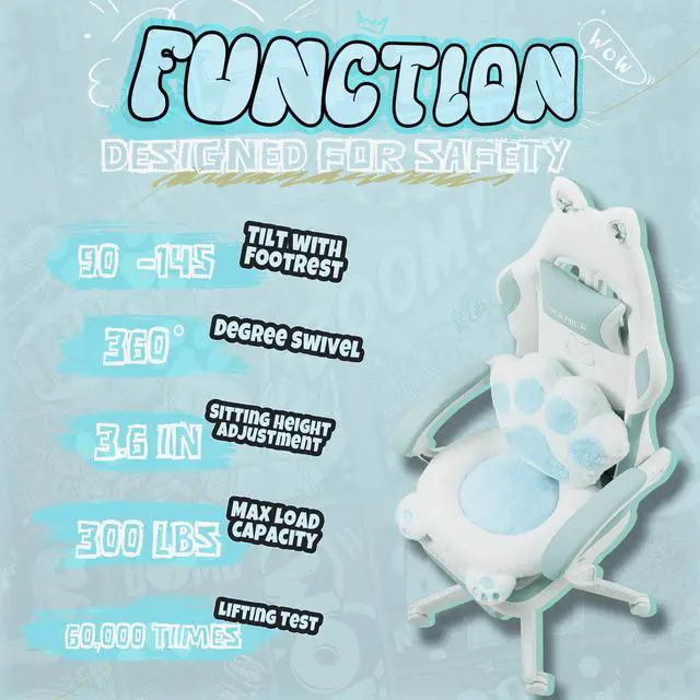Alt view image 5 of 7 - Gaming Chair Cute with Cat Ears and Paw Lumbar Seat Cushion, Ergonomic Computer Chair with Footrest, Reclining PC Game Chair for Girls, Computer Chair 300lbs for Adult, White&Blue