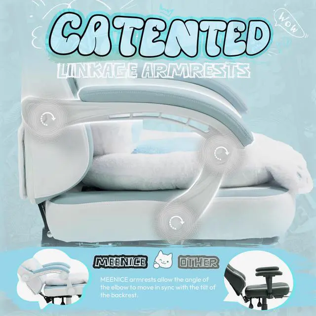 Alt view image 4 of 7 - Gaming Chair Cute with Cat Ears and Paw Lumbar Seat Cushion, Ergonomic Computer Chair with Footrest, Reclining PC Game Chair for Girls, Computer Chair 300lbs for Adult, White&Blue