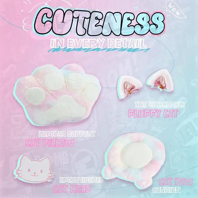 Alt view image 2 of 7 - Gaming Chair Cute with Cat Ears and Paw Lumbar Seat Cushion, Ergonomic Computer Chair with Footrest, Reclining PC Game Chair for Girls, Computer Chair 300lbs for Adult, Rainbow