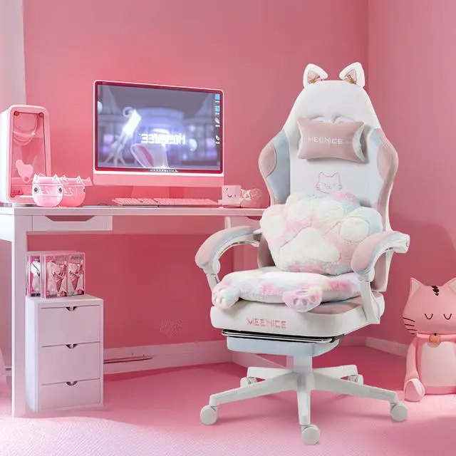 Main image of Gaming Chair Cute with Cat Ears and Paw Lumbar Seat Cushion, Ergonomic Computer Chair with Footrest, Reclining PC Game Chair for Girls, Computer Chair 300lbs for Adult, Rainbow