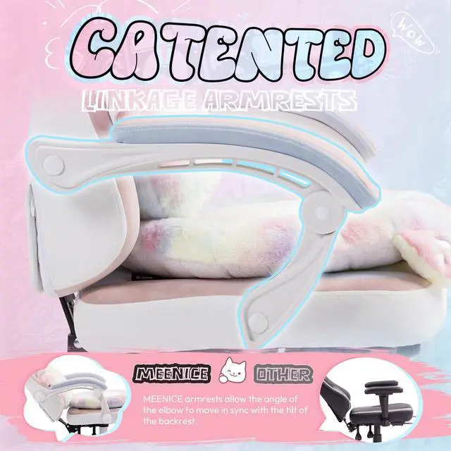 Alt view image 4 of 7 - Gaming Chair Cute with Cat Ears and Paw Lumbar Seat Cushion, Ergonomic Computer Chair with Footrest, Reclining PC Game Chair for Girls, Computer Chair 300lbs for Adult, Rainbow