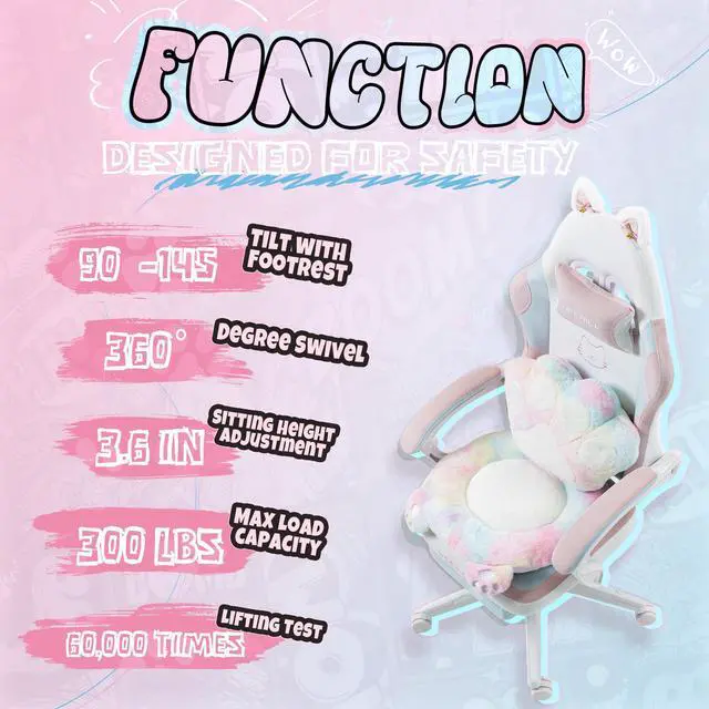 Alt view image 5 of 7 - Gaming Chair Cute with Cat Ears and Paw Lumbar Seat Cushion, Ergonomic Computer Chair with Footrest, Reclining PC Game Chair for Girls, Computer Chair 300lbs for Adult, Rainbow