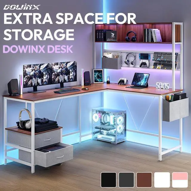 Dowinx L Shaped Gaming Desk with Led Light and Pegboard 94.5 Inch Computer Corner Desk for 2 Person Long Table with Shelves Monitor Stand and Filing Cabinet for Home Office Brown with Drawer