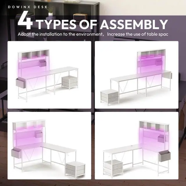 Alt view image 2 of 7 - Dowinx L Shaped Gaming Desk with Led Light and Pegboard 94.5 Inch Computer Corner Desk for 2 Person Long Table with Shelves Monitor Stand and Filing Cabinet for Home Office Wihte with Drawer