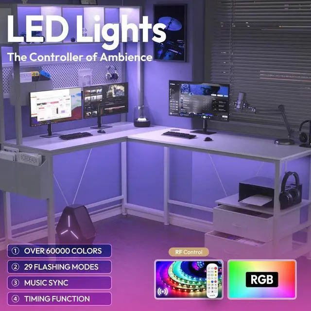 Alt view image 4 of 7 - Dowinx L Shaped Gaming Desk with Led Light and Pegboard 94.5 Inch Computer Corner Desk for 2 Person Long Table with Shelves Monitor Stand and Filing Cabinet for Home Office Wihte with Drawer