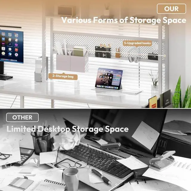 Alt view image 3 of 7 - Dowinx L Shaped Gaming Desk with Led Light and Pegboard 94.5 Inch Computer Corner Desk for 2 Person Long Table with Shelves Monitor Stand and Filing Cabinet for Home Office Wihte with Drawer