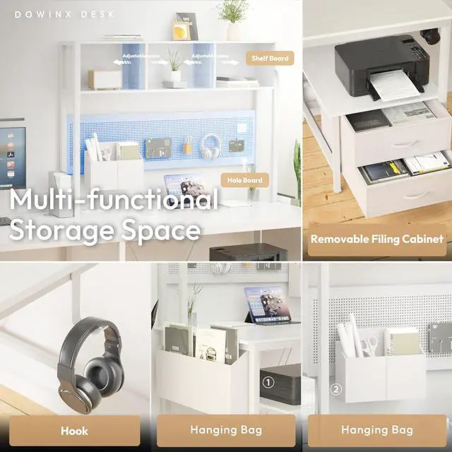 Alt view image 5 of 7 - Dowinx L Shaped Gaming Desk with Led Light and Pegboard 94.5 Inch Computer Corner Desk for 2 Person Long Table with Shelves Monitor Stand and Filing Cabinet for Home Office Wihte with Drawer