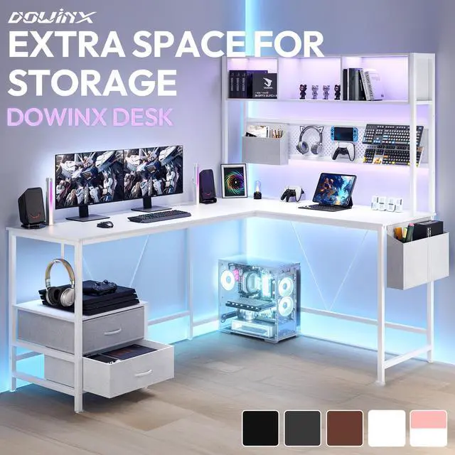 Main image of Dowinx L Shaped Gaming Desk with Led Light and Pegboard 94.5 Inch Computer Corner Desk for 2 Person Long Table with Shelves Monitor Stand and Filing Cabinet for Home Office Wihte with Drawer