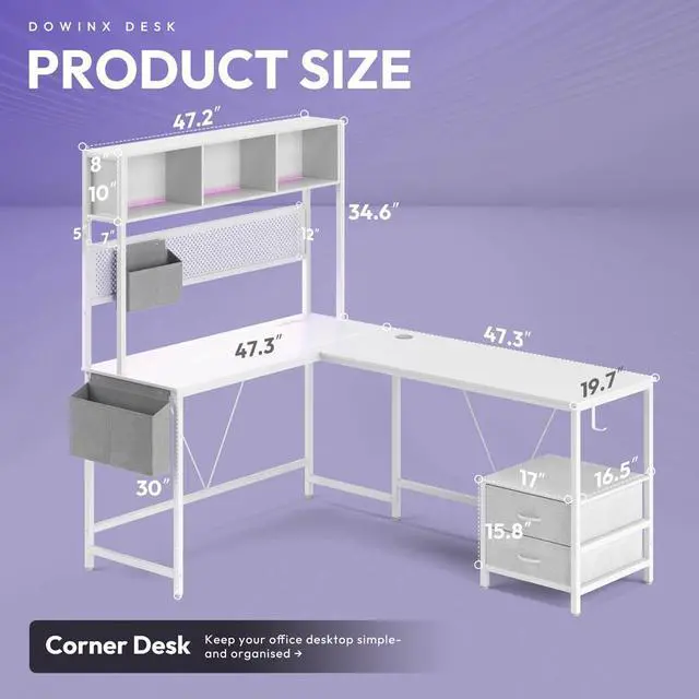 Alt view image 7 of 7 - Dowinx L Shaped Gaming Desk with Led Light and Pegboard 94.5 Inch Computer Corner Desk for 2 Person Long Table with Shelves Monitor Stand and Filing Cabinet for Home Office Wihte with Drawer