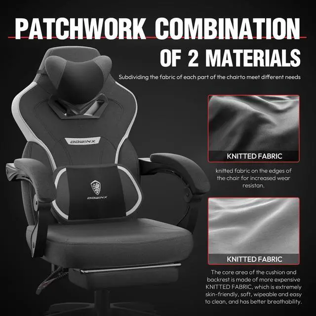 Alt view image 3 of 7 - Dowinx Gaming Chair with Footrest, Ergonomic Game Chair for Adults, Heavy-Duty Computer Chair, Massage Lumbar Support, Adjustable Recline and Storage Pouch For Home Office, Black Fabric