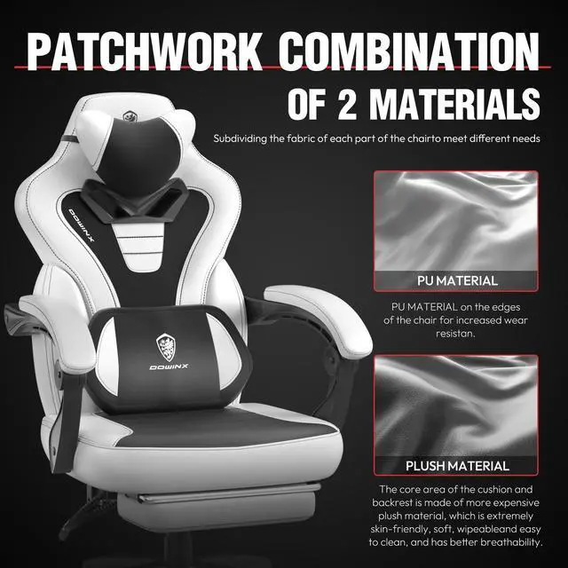Alt view image 3 of 7 - Dowinx Gaming Chair with Footrest, Ergonomic Massage Game Chair for Adults, Heavy-Duty PC Computer Chair with Massage Lumbar Support, Adjustable Recline and Storage Pouch For Home Office, Grey Leather