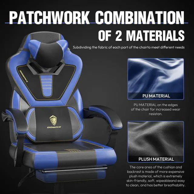 Alt view image 3 of 7 - Dowinx Gaming Chair with Footrest, Ergonomic Game Chair for Adults, Heavy-Duty Computer Chair, Massage Lumbar Support, Adjustable Recline and Storage Pouch For Home Office, Blue Leather