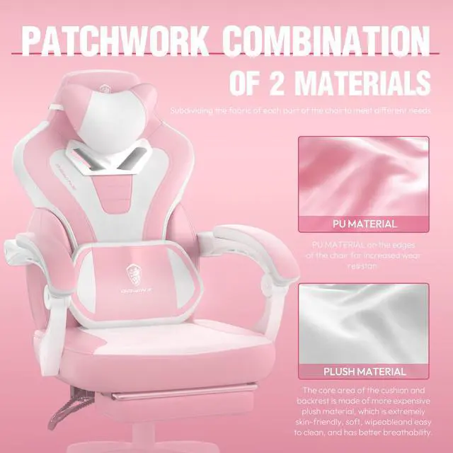 Alt view image 3 of 7 - Dowinx Gaming Chair with Footrest, Ergonomic Game Chair for Adults, Heavy-Duty Computer Chair, Massage Lumbar Support, Adjustable Recline and Storage Pouch For Home Office, Pink Leather