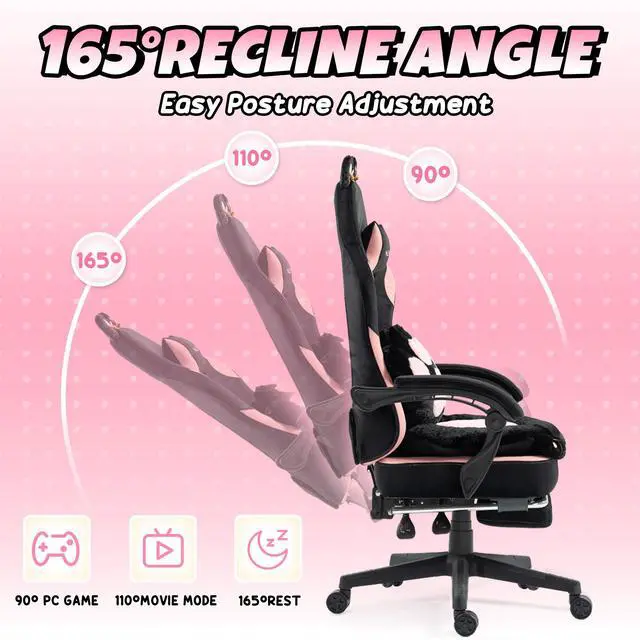 Alt view image 4 of 4 - Dowinx Cute Gaming Chair with Cat Ears and Paw Lumbar Seat Cushion, Ergonomic Computer Chair with Footrest, Kawaii Game Chair for girls, Reclining PC Game Chair for Home Use, Black Pink