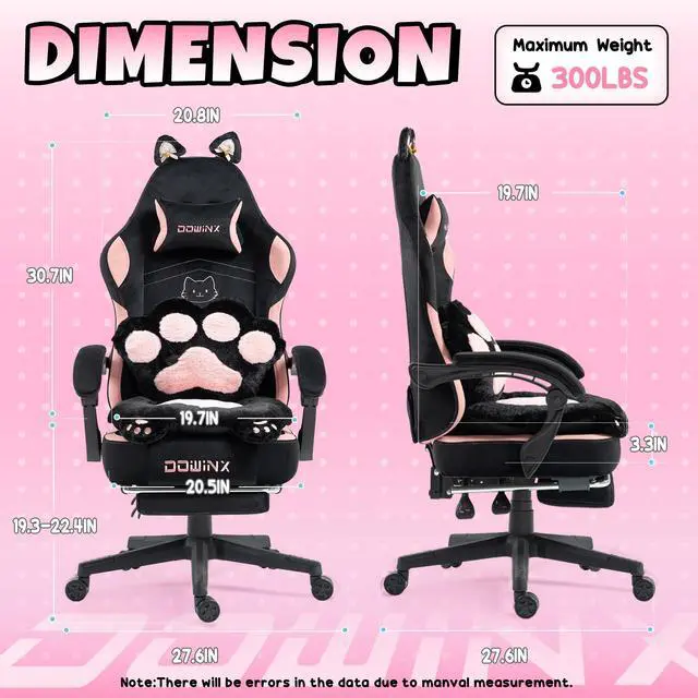Alt view image 2 of 4 - Dowinx Cute Gaming Chair with Cat Ears and Paw Lumbar Seat Cushion, Ergonomic Computer Chair with Footrest, Kawaii Game Chair for girls, Reclining PC Game Chair for Home Use, Black Pink