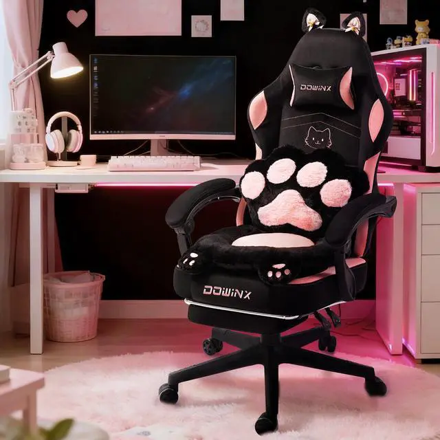 Main image of Dowinx Cute Gaming Chair with Cat Ears and Paw Lumbar Seat Cushion, Ergonomic Computer Chair with Footrest, Kawaii Game Chair for girls, Reclining PC Game Chair for Home Use, Black Pink