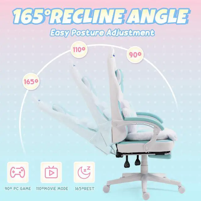 Alt view image 5 of 5 - Dowinx Cute Gaming Chair with Cat Ears and Paw Lumbar Seat Cushion, Ergonomic Computer Chair with Footrest, Kawaii Game Chair for girls, Reclining PC Game Chair for Home Use, Blue White