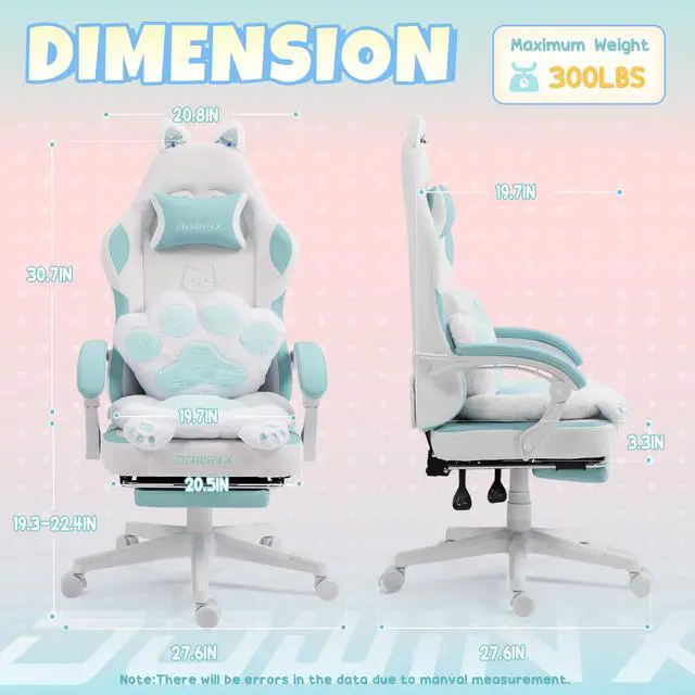Alt view image 2 of 5 - Dowinx Cute Gaming Chair with Cat Ears and Paw Lumbar Seat Cushion, Ergonomic Computer Chair with Footrest, Kawaii Game Chair for girls, Reclining PC Game Chair for Home Use, Blue White