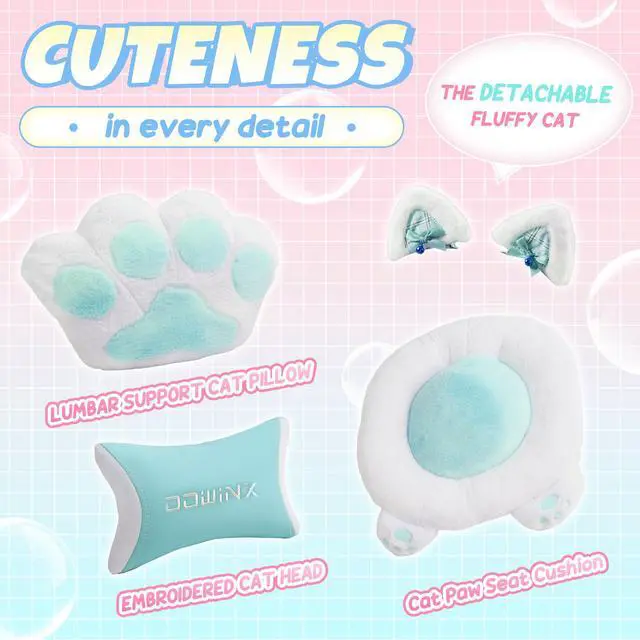 Alt view image 3 of 5 - Dowinx Cute Gaming Chair with Cat Ears and Paw Lumbar Seat Cushion, Ergonomic Computer Chair with Footrest, Kawaii Game Chair for girls, Reclining PC Game Chair for Home Use, Blue White