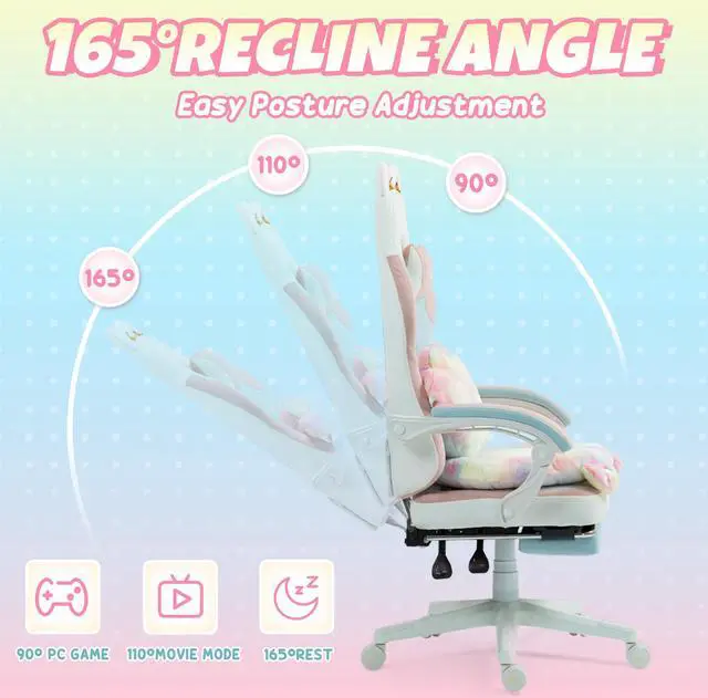 Alt view image 5 of 7 - Dowinx Cute Gaming Chair with Cat Ears and Paw Lumbar Seat Cushion, Ergonomic Computer Chair with Footrest, Kawaii Game Chair for girls, Reclining PC Game Chair for Home Use, Rainbow