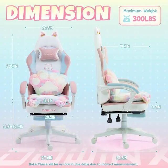 Alt view image 2 of 7 - Dowinx Cute Gaming Chair with Cat Ears and Paw Lumbar Seat Cushion, Ergonomic Computer Chair with Footrest, Kawaii Game Chair for girls, Reclining PC Game Chair for Home Use, Rainbow