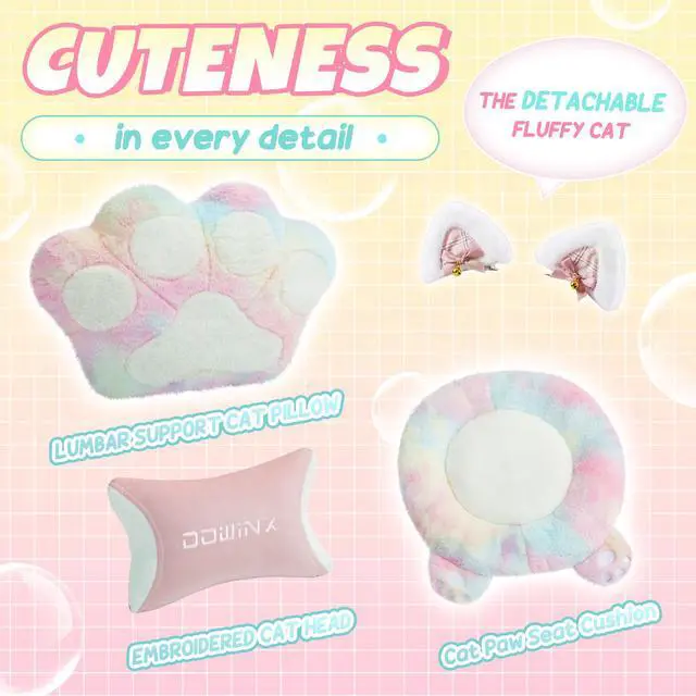 Alt view image 3 of 7 - Dowinx Cute Gaming Chair with Cat Ears and Paw Lumbar Seat Cushion, Ergonomic Computer Chair with Footrest, Kawaii Game Chair for girls, Reclining PC Game Chair for Home Use, Rainbow