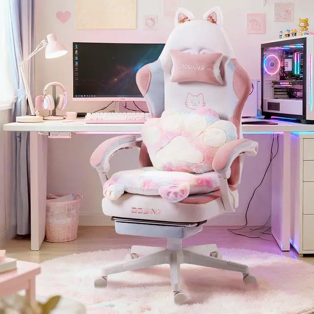 Main image of Dowinx Cute Gaming Chair with Cat Ears and Paw Lumbar Seat Cushion, Ergonomic Computer Chair with Footrest, Kawaii Game Chair for girls, Reclining PC Game Chair for Home Use, Rainbow