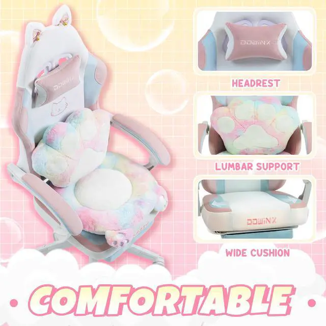 Alt view image 6 of 7 - Dowinx Cute Gaming Chair with Cat Ears and Paw Lumbar Seat Cushion, Ergonomic Computer Chair with Footrest, Kawaii Game Chair for girls, Reclining PC Game Chair for Home Use, Rainbow
