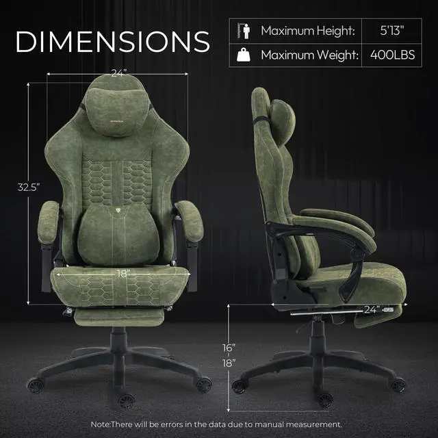 Alt view image 2 of 7 - Dowinx Gaming Chair Big and Tall with Dual-Point Massage Lumbar Support, Video Game Chairs for Adults with Footrest, Ergonomic Computer Chair High Back 360° Swivel, PU Leather Recliner 400LBS, Green