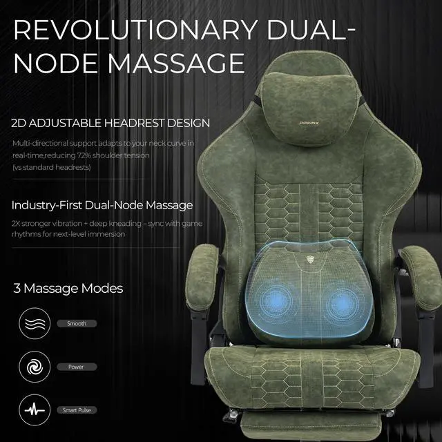 Alt view image 4 of 7 - Dowinx Gaming Chair Big and Tall with Dual-Point Massage Lumbar Support, Video Game Chairs for Adults with Footrest, Ergonomic Computer Chair High Back 360° Swivel, PU Leather Recliner 400LBS, Green