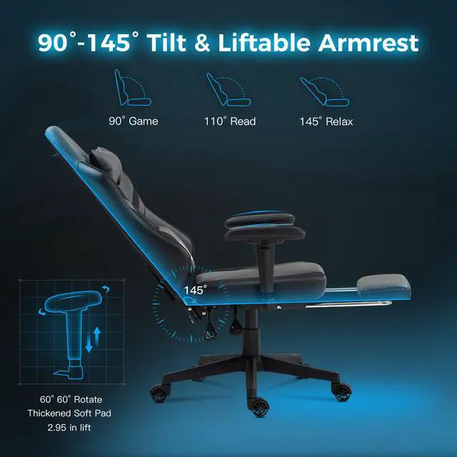 Alt view image 4 of 7 - Dowinx Ergonomic Gaming Chair with Lumbar Support, High-Quality Breathable PU Leather for Durability, Adjustable Features for Personalized Comfort, Budget Friendly Game Chair, Black