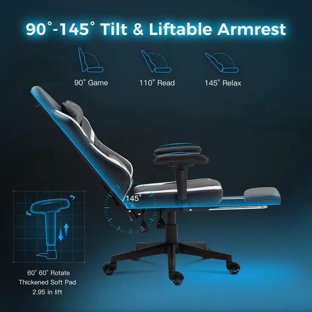 Alt view image 4 of 7 - Dowinx Ergonomic Gaming Chair with Lumbar Support, High-Quality Breathable PU Leather for Durability, Adjustable Features for Personalized Comfort, Budget Friendly Game Chair, White