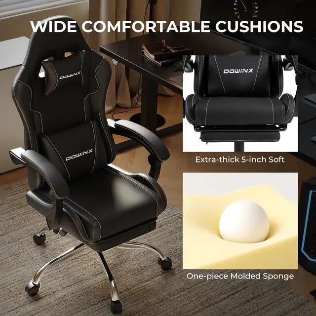 Alt view image 3 of 7 - Dowinx Gaming Chair PU Leather with Pocket Spring Cushion, Ergonomic Office Chair with Massage Lumbar Support & Adjustable Headrest, Swivel PC Game Chair for Video gamer, Recliner 330lbs with Footrest