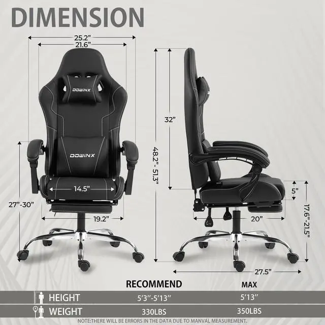 Alt view image 2 of 7 - Dowinx Gaming Chair PU Leather with Pocket Spring Cushion, Ergonomic Office Chair with Massage Lumbar Support & Adjustable Headrest, Swivel PC Game Chair for Video gamer, Recliner 330lbs with Footrest