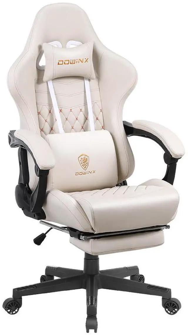 Main image of Dowinx High Back Gaming Chair with Massage Lumbar Support, Game Chair with Adjustable Headrest, Ergonomic Office Chair, Racing Chair with Footrest, PU Leather, White