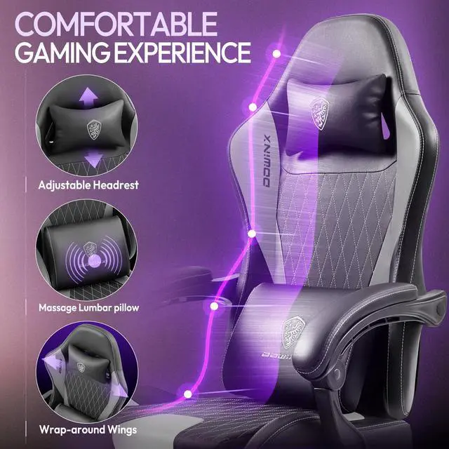 Alt view image 5 of 7 - Dowinx Gaming Chair with Lumbar Support and Footrest, Ergonomic Video Game Chair for Adults, Adjustable High-Back Office Chair with Pocket Spring Cushion, Reclining Computer Chair with Headrest Grey