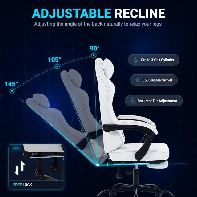 Alt view image 6 of 7 - Dowinx Ergonomic Gaming Chair, Adjustable Recline Computer Chair With Linkage Armrest, Breathable Leather Office Chair With High-Density Foam & Pocket Spring, Desk Chair for Adult, 300 lbs, White