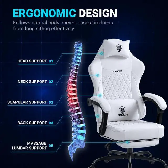Alt view image 5 of 7 - Dowinx Ergonomic Gaming Chair, Adjustable Recline Computer Chair With Linkage Armrest, Breathable Leather Office Chair With High-Density Foam & Pocket Spring, Desk Chair for Adult, 300 lbs, White