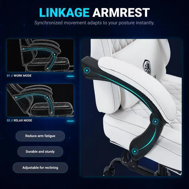 Alt view image 7 of 7 - Dowinx Ergonomic Gaming Chair, Adjustable Recline Computer Chair With Linkage Armrest, Breathable Leather Office Chair With High-Density Foam & Pocket Spring, Desk Chair for Adult, 300 lbs, White