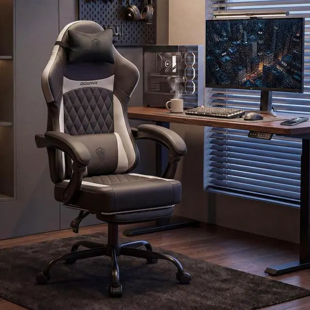 Main image of Dowinx Ergonomic Gaming Chair, Adjustable Recline Computer Chair With Linkage Armrest,Breathable Leather Office Chair With High-Density Foam & Pocket Spring,Desk Chair for Adult,300 lb,Black and White