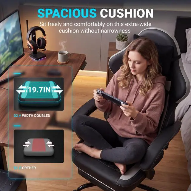 Alt view image 4 of 7 - Dowinx Ergonomic Gaming Chair, Adjustable Recline Computer Chair With Linkage Armrest,Breathable Leather Office Chair With High-Density Foam & Pocket Spring,Desk Chair for Adult,300 lb,Black and White