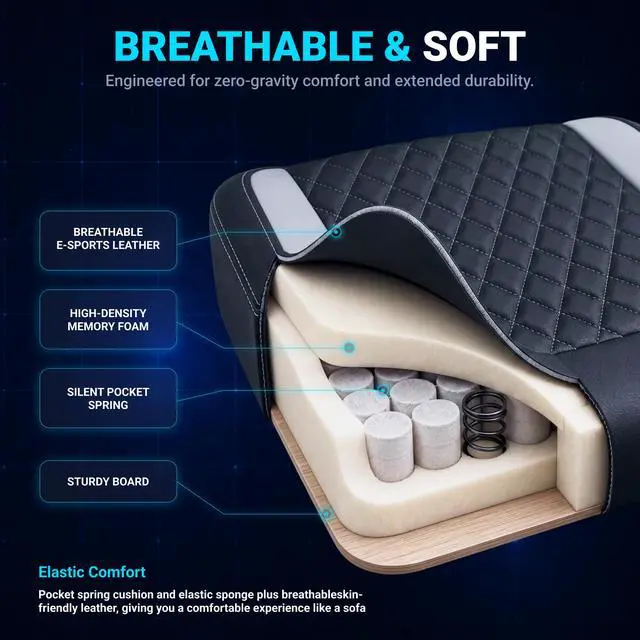 Alt view image 3 of 7 - Dowinx Ergonomic Gaming Chair, Adjustable Recline Computer Chair With Linkage Armrest,Breathable Leather Office Chair With High-Density Foam & Pocket Spring,Desk Chair for Adult,300 lb,Black and White
