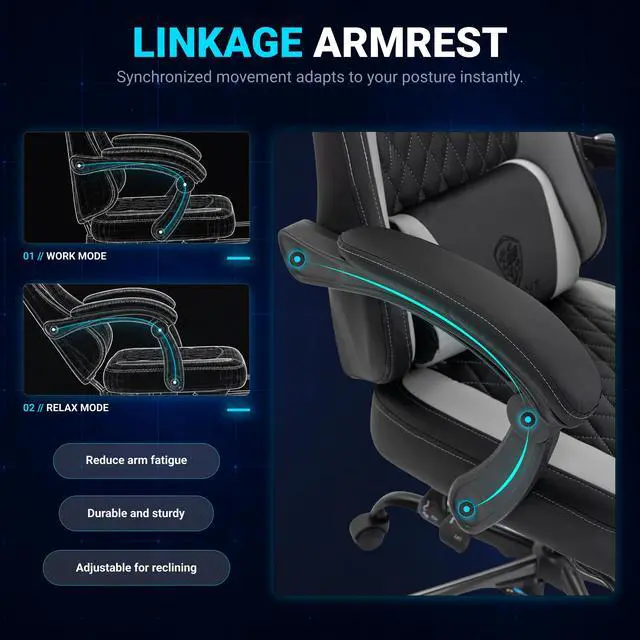 Alt view image 7 of 7 - Dowinx Ergonomic Gaming Chair, Adjustable Recline Computer Chair With Linkage Armrest,Breathable Leather Office Chair With High-Density Foam & Pocket Spring,Desk Chair for Adult,300 lb,Black and White