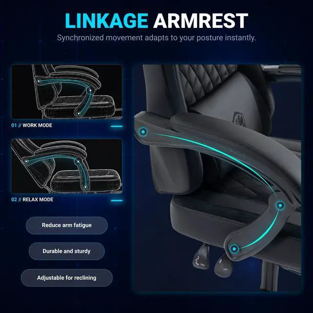Alt view image 7 of 7 - Dowinx Ergonomic Gaming Chair, Adjustable Recline Computer Chair With Linkage Armrest, Breathable Leather Office Chair With High-Density Foam & Pocket Spring, Desk Chair for Adult, 300 lbs, Black