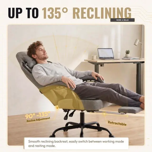 Alt view image 5 of 7 - Dowinx Ergonomic Gaming Chair,Reclining Computer Chair with Adjustable Footrest & Headrest,Office Chair with Breathable Fabric,Desk Chair with Wide Cushion,Gray