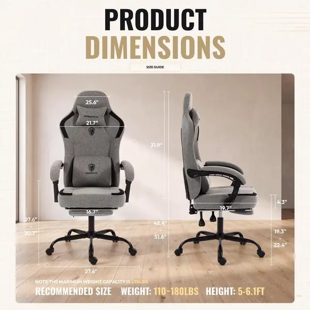 Alt view image 2 of 7 - Dowinx Ergonomic Gaming Chair,Reclining Computer Chair with Adjustable Footrest & Headrest,Office Chair with Breathable Fabric,Desk Chair with Wide Cushion,Gray