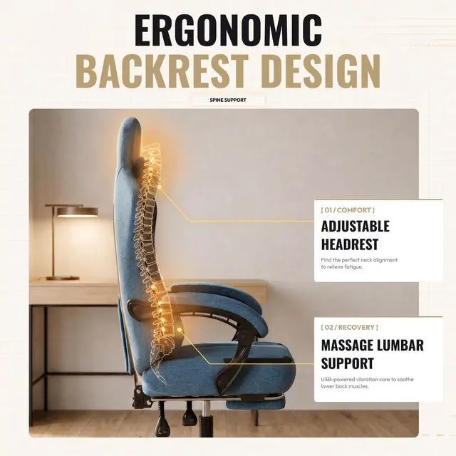 Alt view image 4 of 7 - Dowinx Ergonomic Gaming Chair,Reclining Computer Chair with Adjustable Footrest & Headrest,Office Chair with Breathable Fabric,Desk Chair with Wide Cushion,Blue