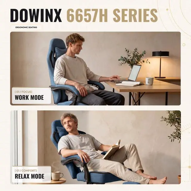 Alt view image 6 of 7 - Dowinx Ergonomic Gaming Chair,Reclining Computer Chair with Adjustable Footrest & Headrest,Office Chair with Breathable Fabric,Desk Chair with Wide Cushion,Blue